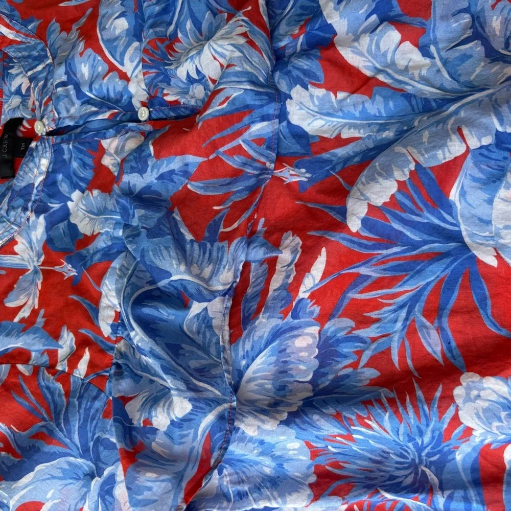 J. Crew Red and Blue Flowers Pullover Ruffle Boho Blouse Long Sleeves